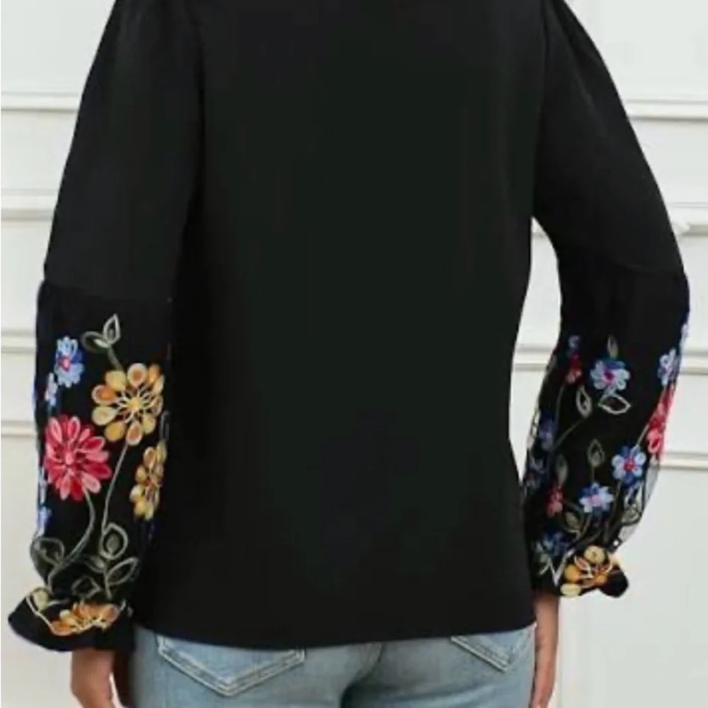 SHEIN Black Sheer Flowy Blouse with Colorful Lantern Embroidered Floral Sleeves - Picture 5 of 17